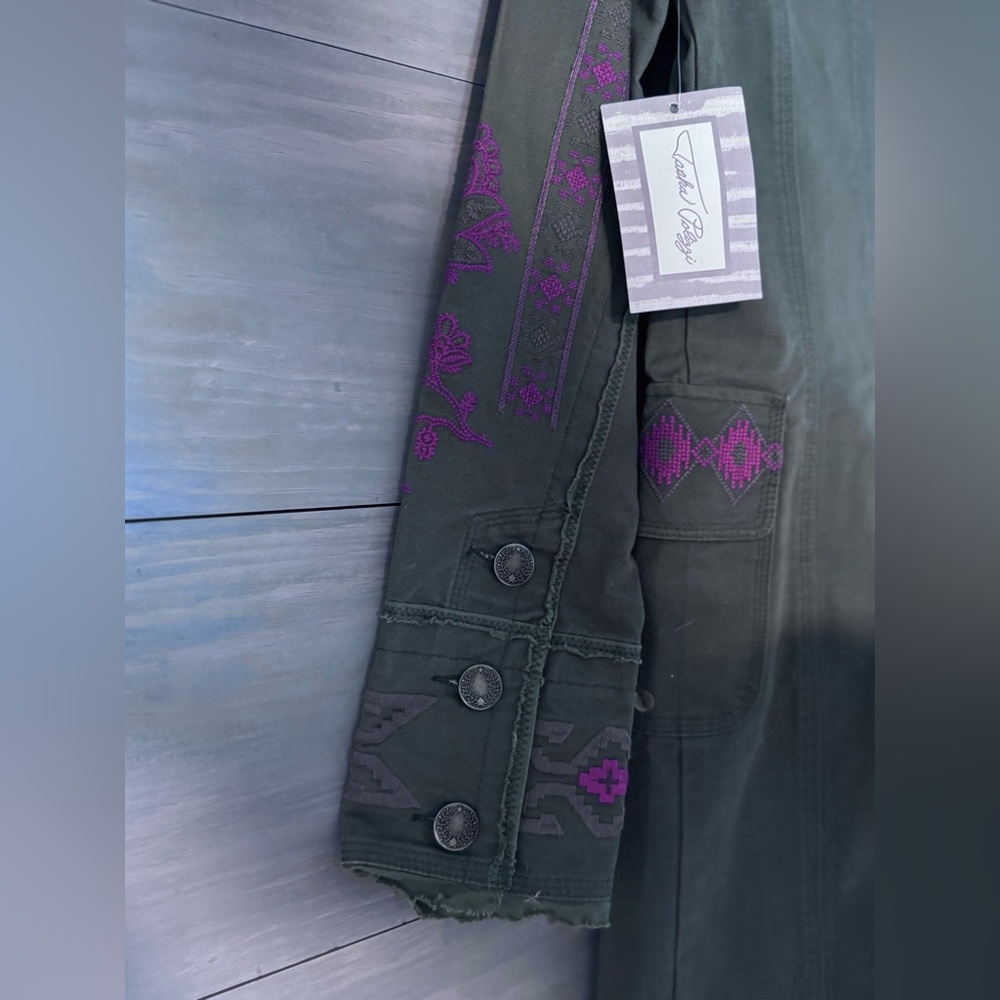 Tasha Polizzi Hamilton Embroidered Stud Embellished Green Cotton Duster Jacket S - Picture 4 of 7